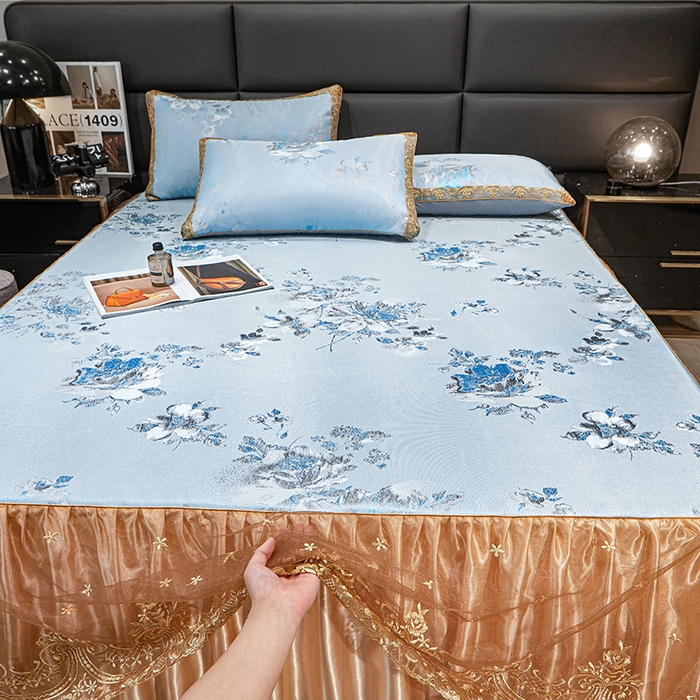 91家纺网 家纺一手货源 找家纺 罗艺轩 2025新款欧式色织大提花床裙凉席 情依