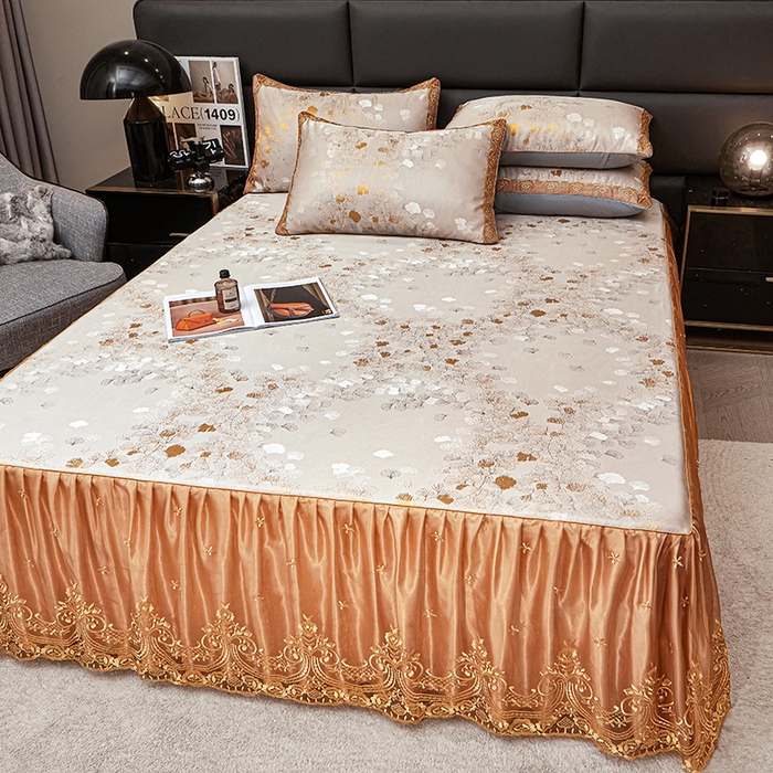 91家纺网 家纺一手货源 找家纺 罗艺轩 2025新款欧式色织大提花床裙凉席 银杏