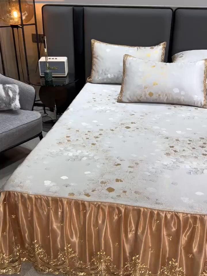 91家纺网 家纺一手货源 找家纺 罗艺轩 2025新款欧式色织大提花床裙凉席 银杏