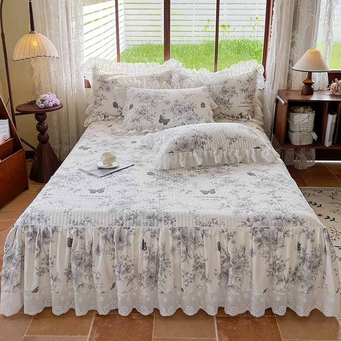 91家纺网 家纺一手货源 找家纺 罗艺轩 2025新款全棉印花床笠式床裙三件套 蝶舞轻歌