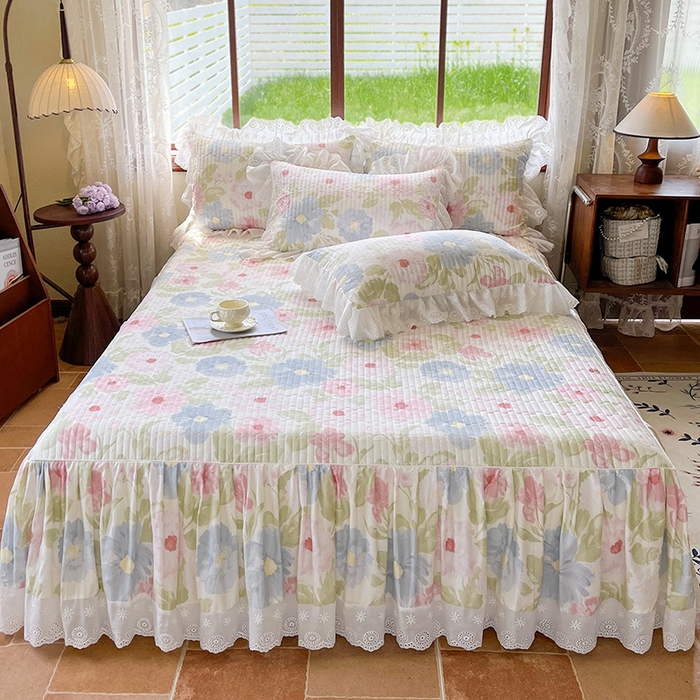 91家纺网 家纺一手货源 找家纺 罗艺轩 2025新款全棉印花床笠式床裙三件套 斐叶花影