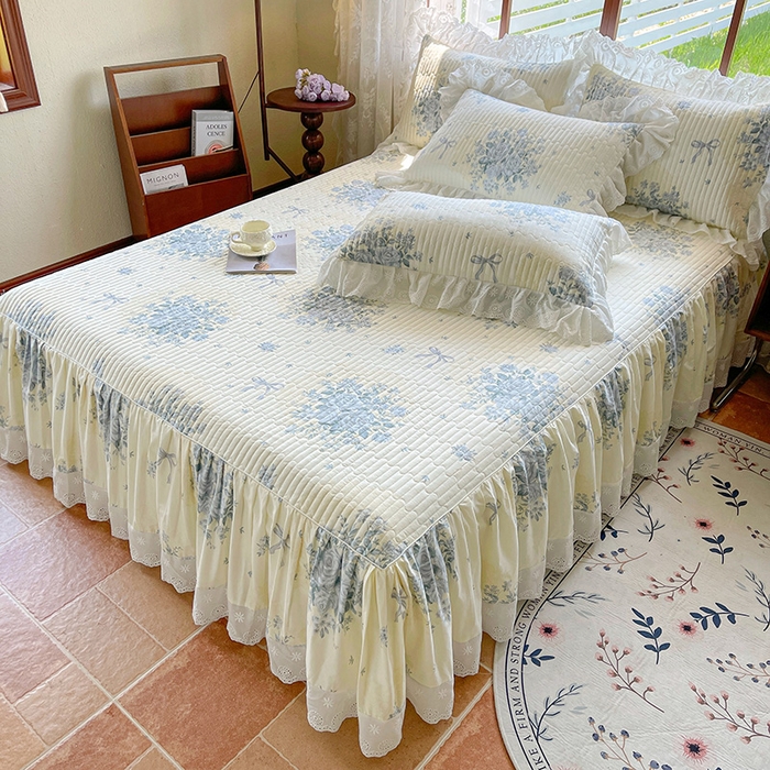 91家纺网 家纺一手货源 找家纺 罗艺轩 2025新款全棉印花床笠式床裙三件套 醉花语