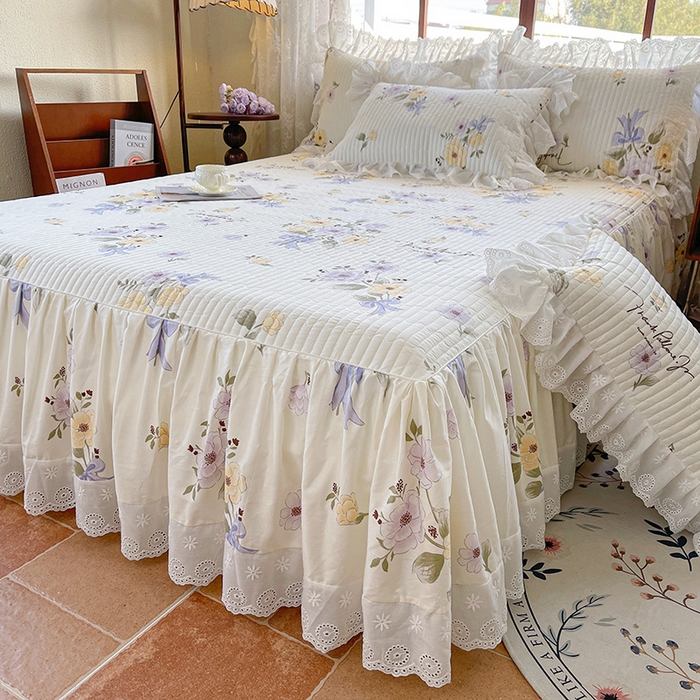 91家纺网 家纺一手货源 找家纺 罗艺轩 2025新款全棉印花床笠式床裙三件套 迷雾花漾