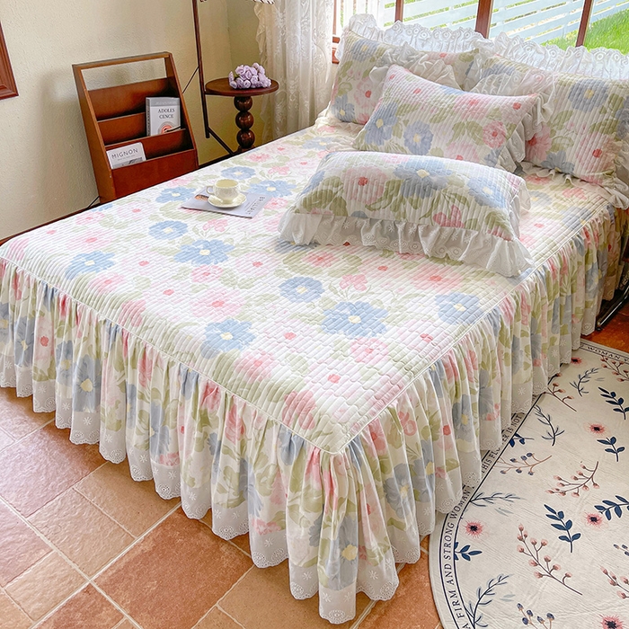 91家纺网 家纺一手货源 找家纺 罗艺轩 2025新款全棉印花床笠式床裙三件套 斐叶花影