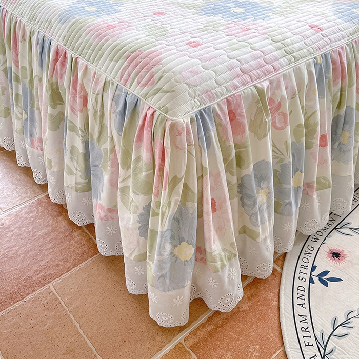 91家纺网 家纺一手货源 找家纺 罗艺轩 2025新款全棉印花床笠式床裙三件套 斐叶花影