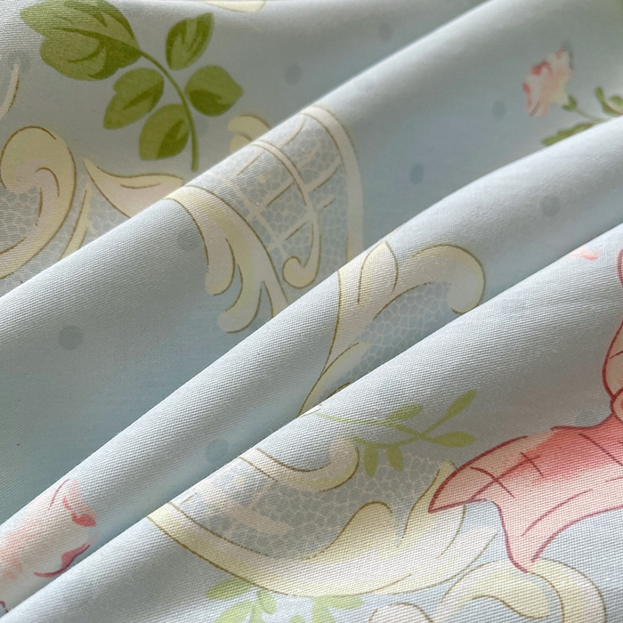 91家纺网 家纺一手货源 找家纺 罗艺轩 2025新款全棉印花床笠式床裙三件套 织夏花园-蓝