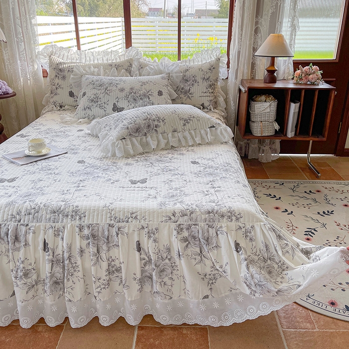 91家纺网 家纺一手货源 找家纺 罗艺轩 2025新款全棉印花床笠式床裙三件套 蝶舞轻歌