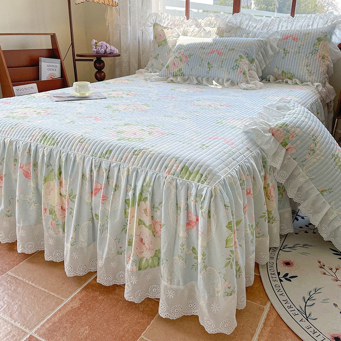 91家纺网 家纺一手货源 找家纺 罗艺轩 2025新款全棉印花床笠式床裙三件套 织夏花园-蓝