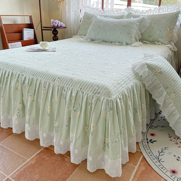 91家纺网 家纺一手货源 找家纺 罗艺轩 2025新款全棉印花床笠式床裙三件套 茉莉清雨