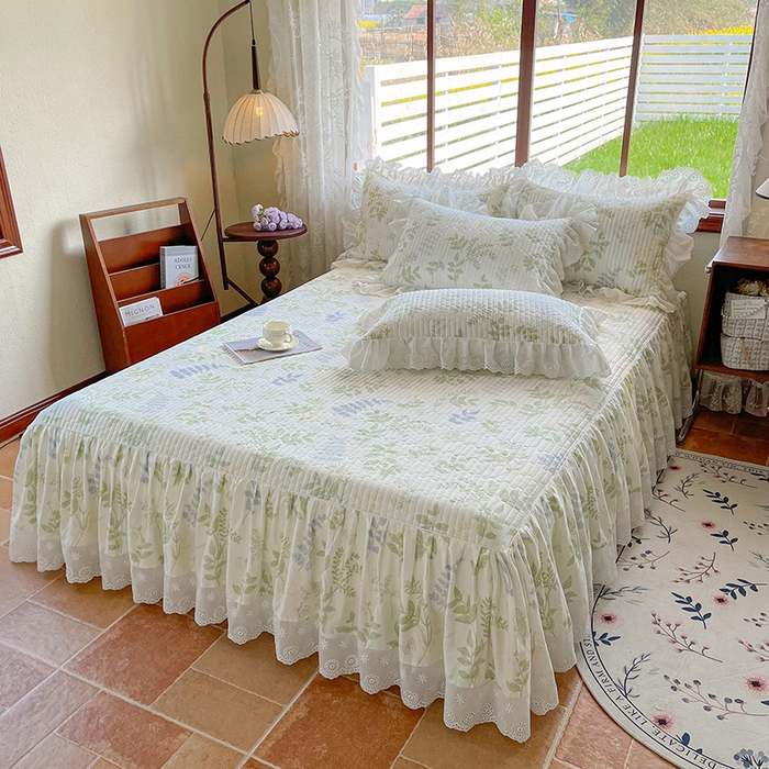 91家纺网 家纺一手货源 找家纺 罗艺轩 2025新款全棉印花床笠式床裙三件套 沁语花叶