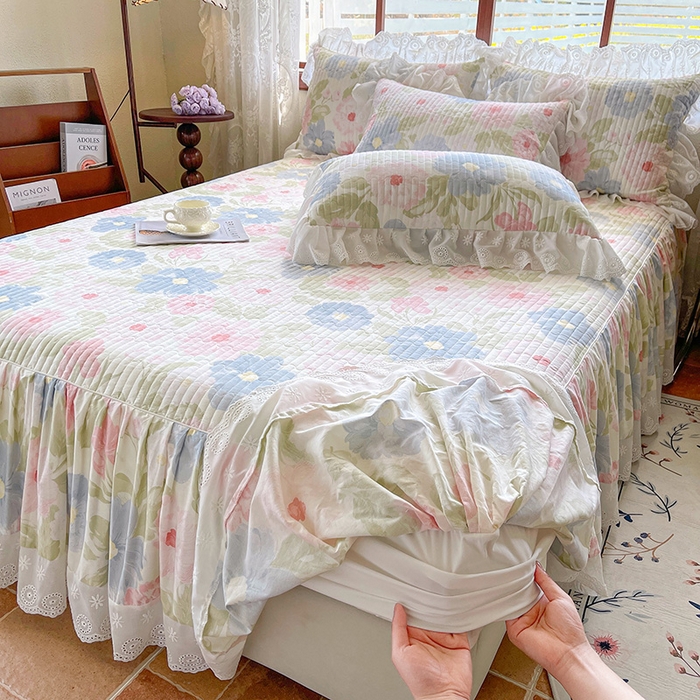 91家纺网 家纺一手货源 找家纺 罗艺轩 2025新款全棉印花床笠式床裙三件套 斐叶花影