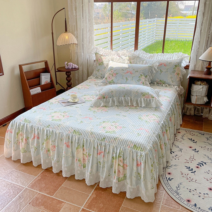 91家纺网 家纺一手货源 找家纺 罗艺轩 2025新款全棉印花床笠式床裙三件套 织夏花园-蓝