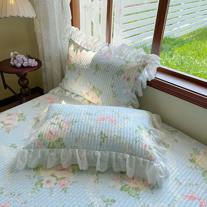 91家纺网 家纺一手货源 找家纺 罗艺轩 2025新款全棉印花床笠式床裙三件套 织夏花园-蓝