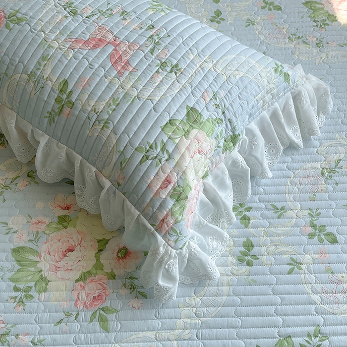 91家纺网 家纺一手货源 找家纺 罗艺轩 2025新款全棉印花床笠式床裙三件套 织夏花园-蓝