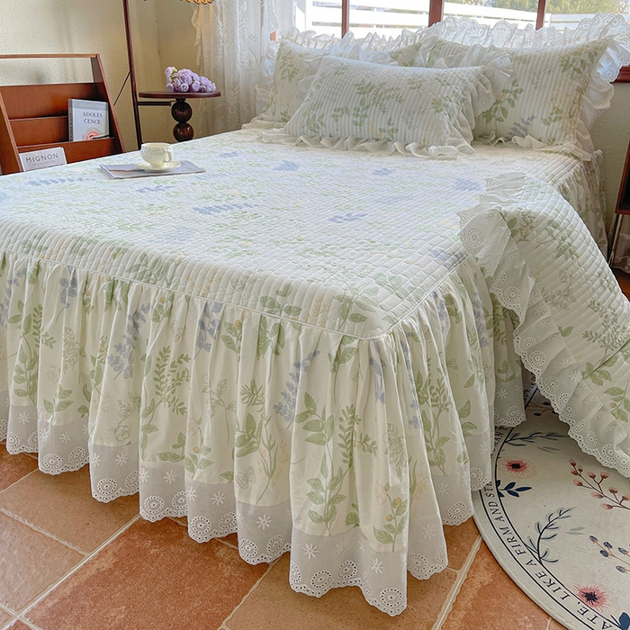 91家纺网 家纺一手货源 找家纺 罗艺轩 2025新款全棉印花床笠式床裙三件套 沁语花叶