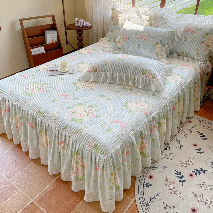 91家纺网 家纺一手货源 找家纺 罗艺轩 2025新款全棉印花床笠式床裙三件套 织夏花园-蓝