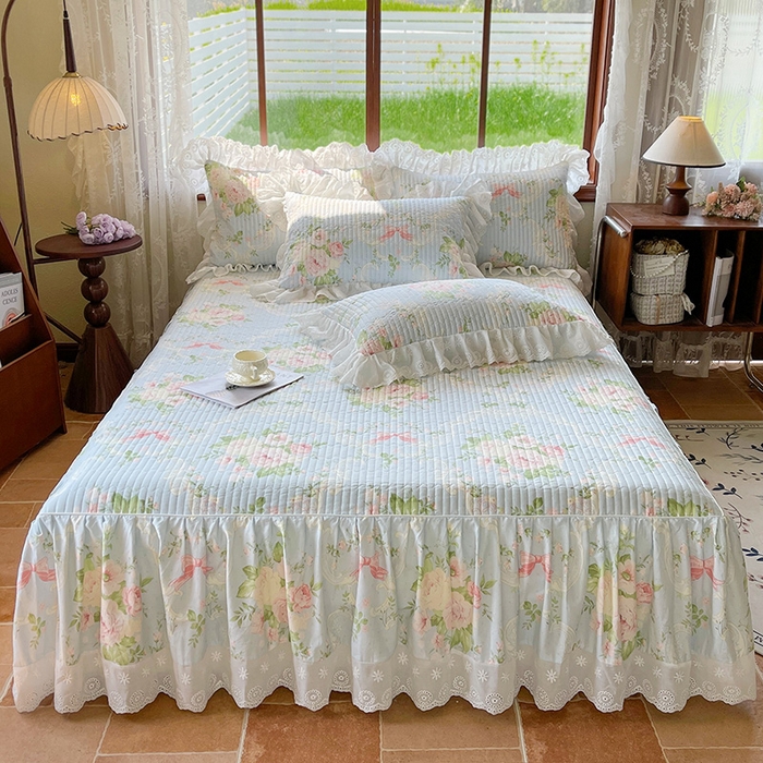 91家纺网 家纺一手货源 找家纺 罗艺轩 2025新款全棉印花床笠式床裙三件套 织夏花园-蓝