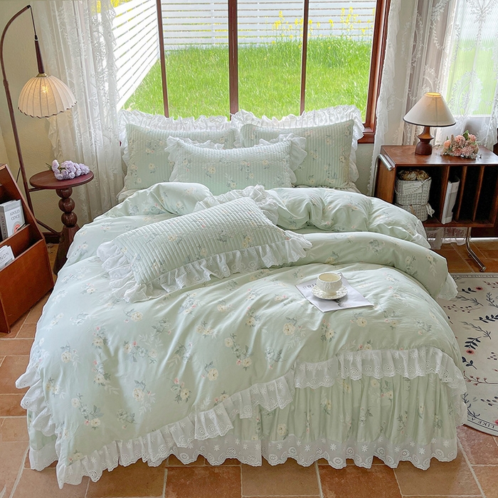 91家纺网 家纺一手货源 找家纺 罗艺轩 2025新款全棉印花床笠式花边床裙四件套 茉莉清雨