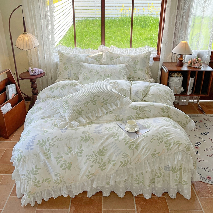 91家纺网 家纺一手货源 找家纺 罗艺轩 2025新款全棉印花床笠式花边床裙四件套 沁语花叶