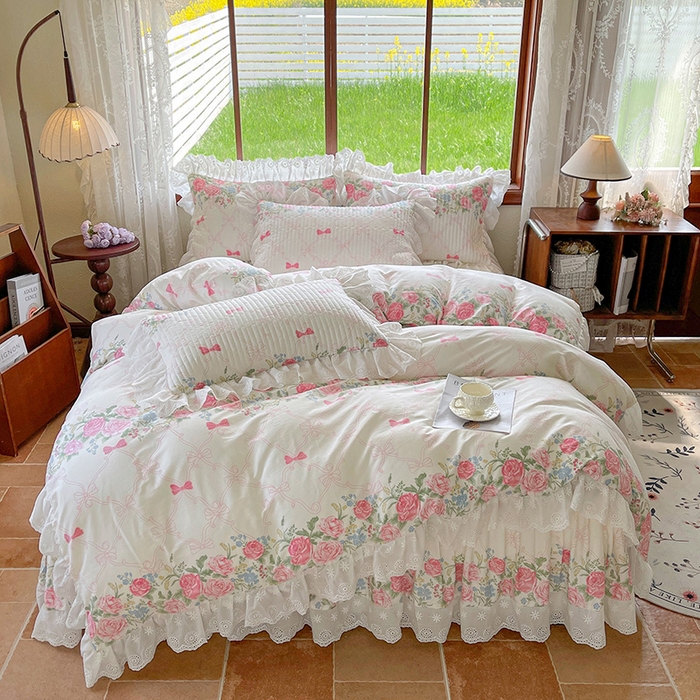 91家纺网 家纺一手货源 找家纺 罗艺轩 2025新款全棉印花床笠式花边床裙四件套 仲夏美梦