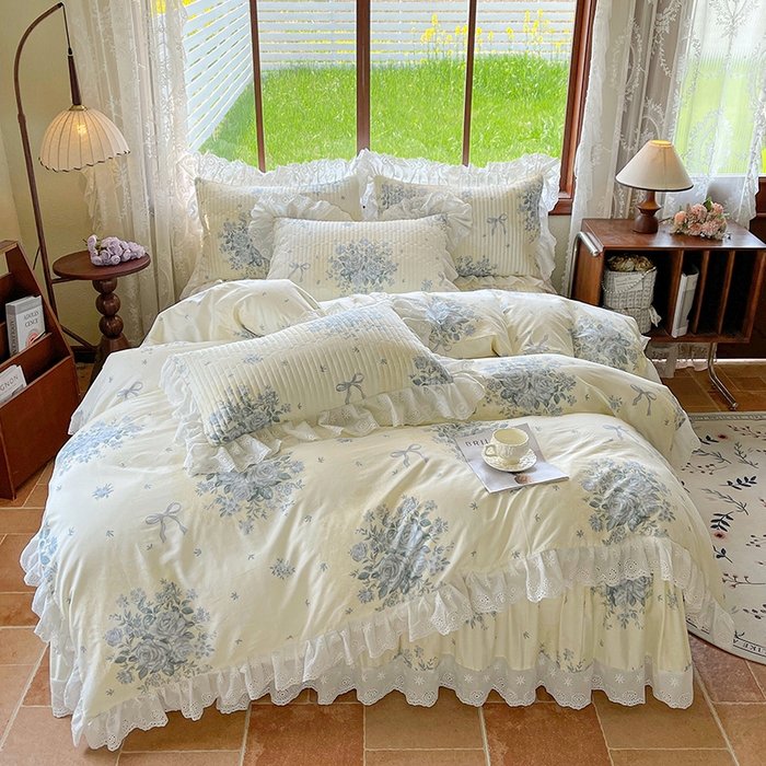 91家纺网 家纺一手货源 找家纺 罗艺轩 2025新款全棉印花床笠式花边床裙四件套 醉花语