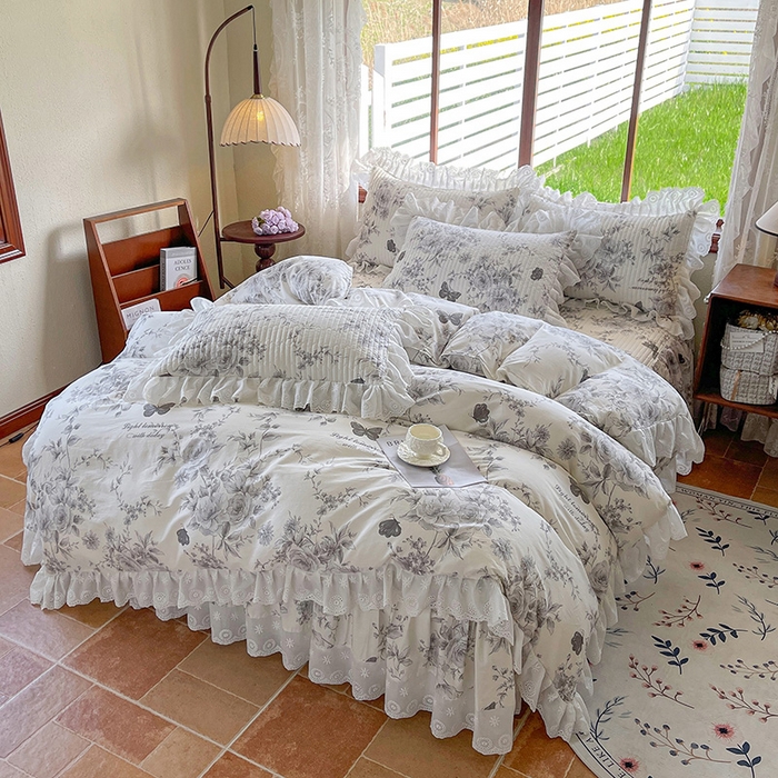 91家纺网 家纺一手货源 找家纺 罗艺轩 2025新款全棉印花床笠式花边床裙四件套 蝶舞轻歌