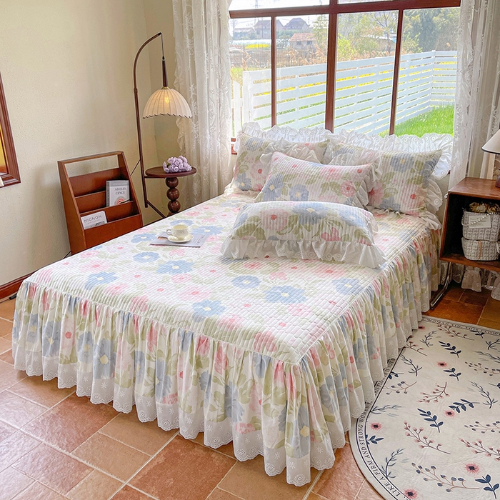 91家纺网 家纺一手货源 找家纺 罗艺轩 2025新款全棉印花床笠式花边床裙四件套 斐叶花影