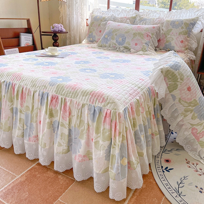 91家纺网 家纺一手货源 找家纺 罗艺轩 2025新款全棉印花床笠式花边床裙四件套 斐叶花影