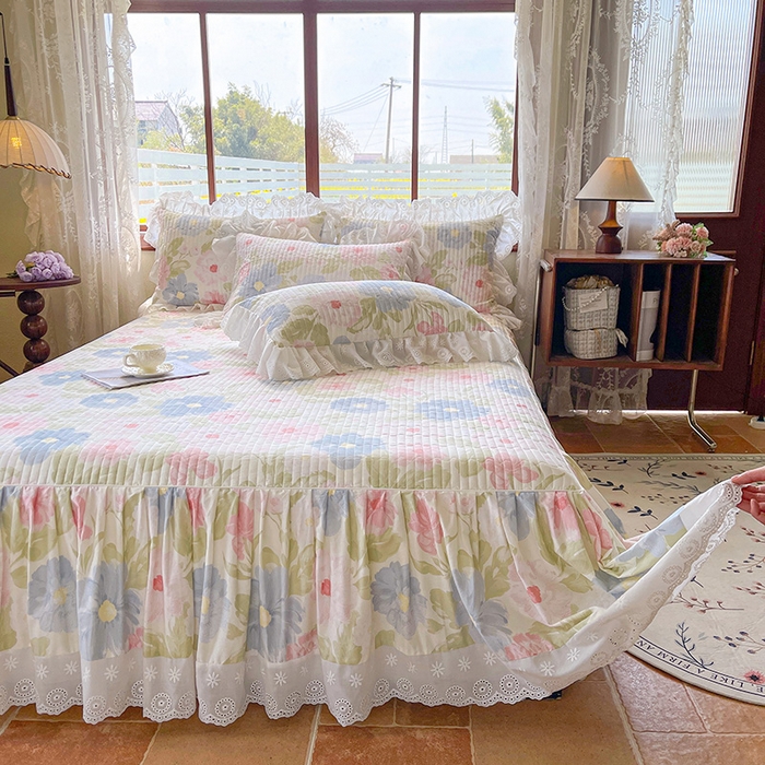 91家纺网 家纺一手货源 找家纺 罗艺轩 2025新款全棉印花床笠式花边床裙四件套 斐叶花影