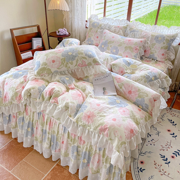 91家纺网 家纺一手货源 找家纺 罗艺轩 2025新款全棉印花床笠式花边床裙四件套 斐叶花影