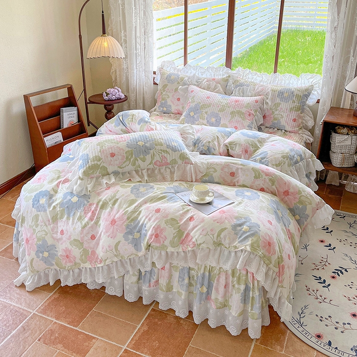 91家纺网 家纺一手货源 找家纺 罗艺轩 2025新款全棉印花床笠式花边床裙四件套 斐叶花影