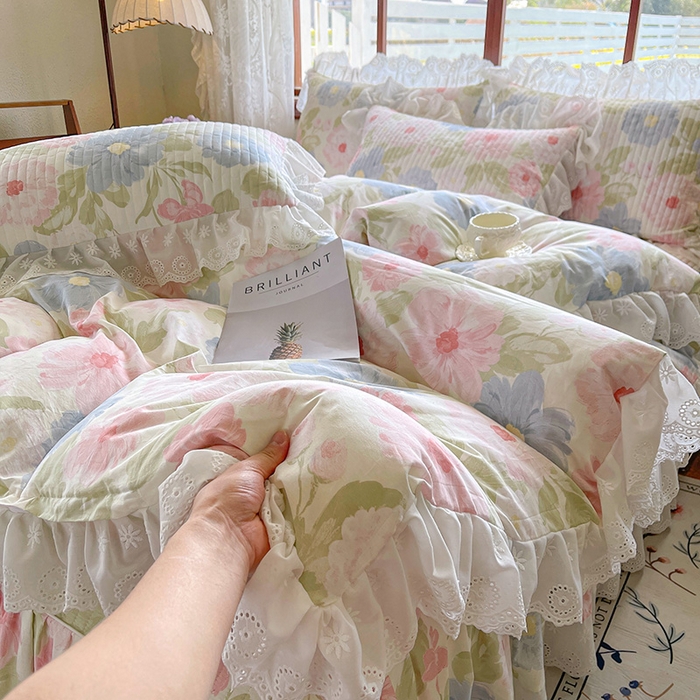 91家纺网 家纺一手货源 找家纺 罗艺轩 2025新款全棉印花床笠式花边床裙四件套 斐叶花影