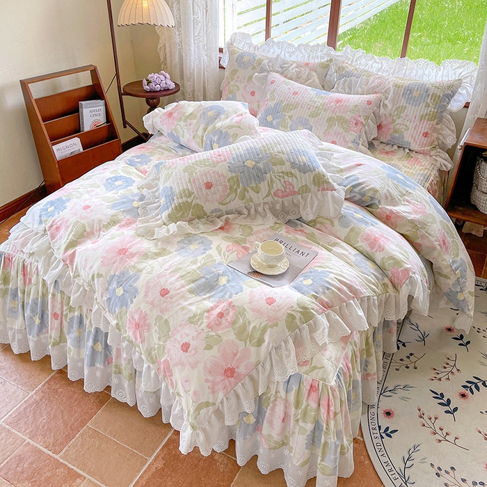 91家纺网 家纺一手货源 找家纺 罗艺轩 2025新款全棉印花床笠式花边床裙四件套 斐叶花影