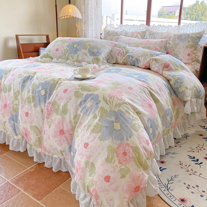 91家纺网 家纺一手货源 找家纺 罗艺轩 2025新款全棉印花床笠式花边床裙四件套 斐叶花影