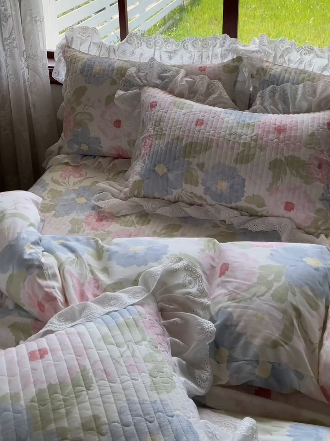 91家纺网 家纺一手货源 找家纺 罗艺轩 2025新款全棉印花床笠式花边床裙四件套 斐叶花影