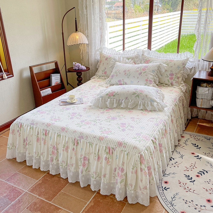 91家纺网 家纺一手货源 找家纺 罗艺轩 2025新款全棉印花床笠式花边床裙四件套 花清雅香