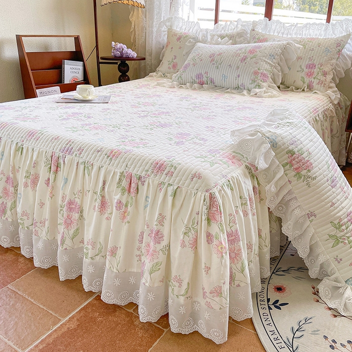 91家纺网 家纺一手货源 找家纺 罗艺轩 2025新款全棉印花床笠式花边床裙四件套 花清雅香