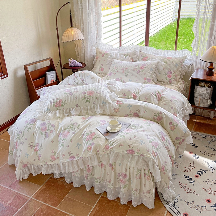 91家纺网 家纺一手货源 找家纺 罗艺轩 2025新款全棉印花床笠式花边床裙四件套 花清雅香