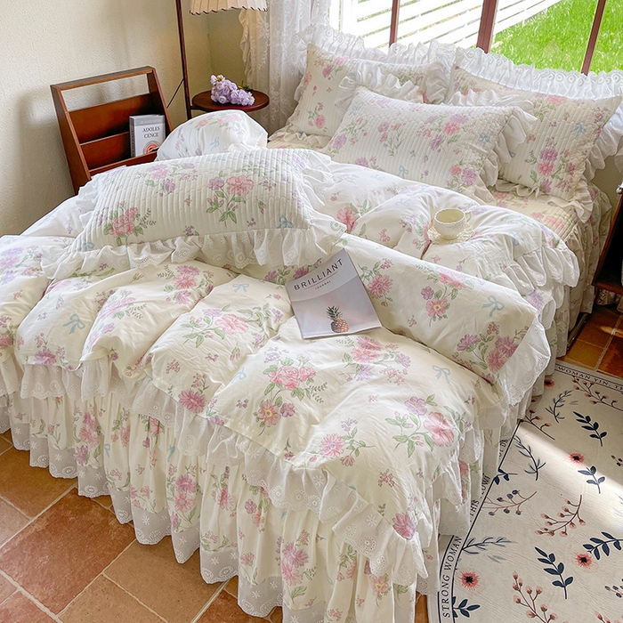 91家纺网 家纺一手货源 找家纺 罗艺轩 2025新款全棉印花床笠式花边床裙四件套 花清雅香