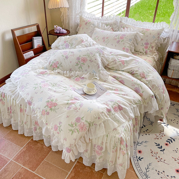 91家纺网 家纺一手货源 找家纺 罗艺轩 2025新款全棉印花床笠式花边床裙四件套 花清雅香
