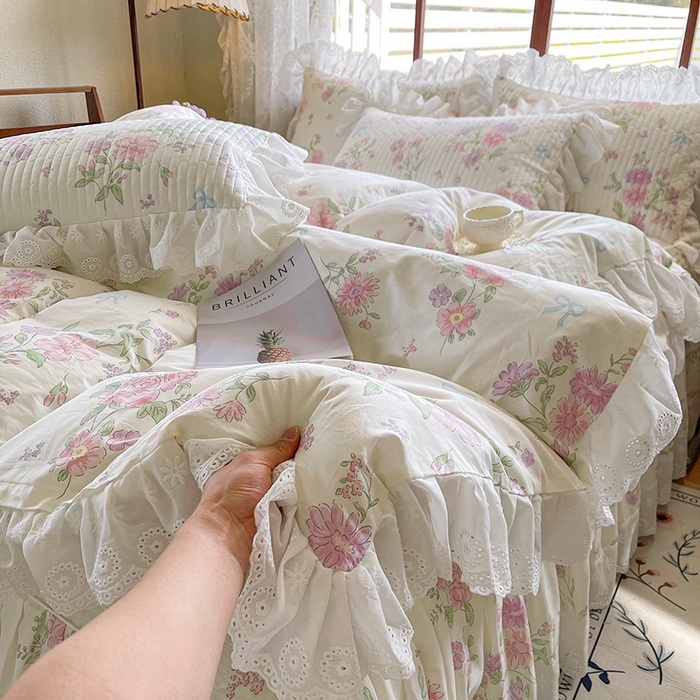 91家纺网 家纺一手货源 找家纺 罗艺轩 2025新款全棉印花床笠式花边床裙四件套 花清雅香