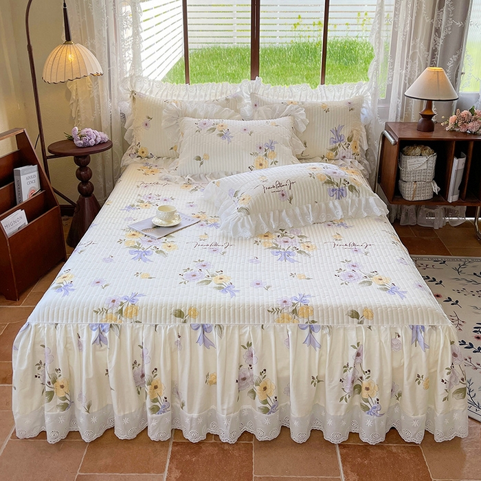 91家纺网 家纺一手货源 找家纺 罗艺轩 2025新款全棉印花床笠式花边床裙四件套 迷雾花漾