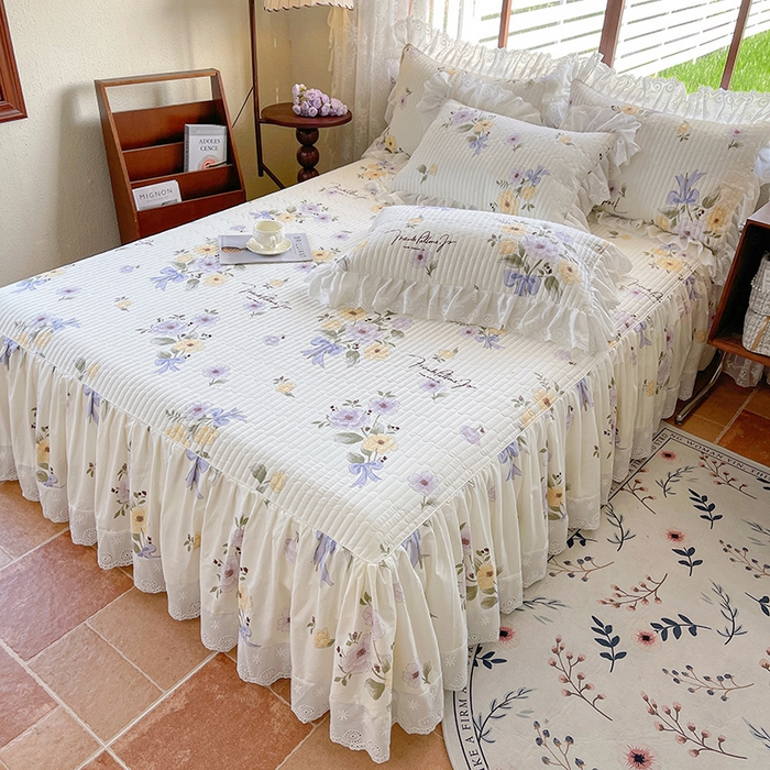 91家纺网 家纺一手货源 找家纺 罗艺轩 2025新款全棉印花床笠式花边床裙四件套 迷雾花漾