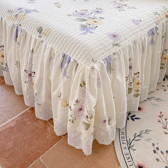 91家纺网 家纺一手货源 找家纺 罗艺轩 2025新款全棉印花床笠式花边床裙四件套 迷雾花漾