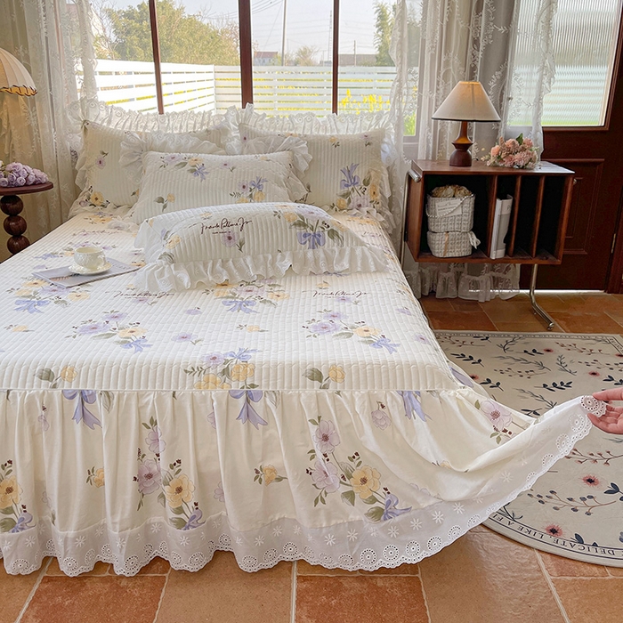 91家纺网 家纺一手货源 找家纺 罗艺轩 2025新款全棉印花床笠式花边床裙四件套 迷雾花漾