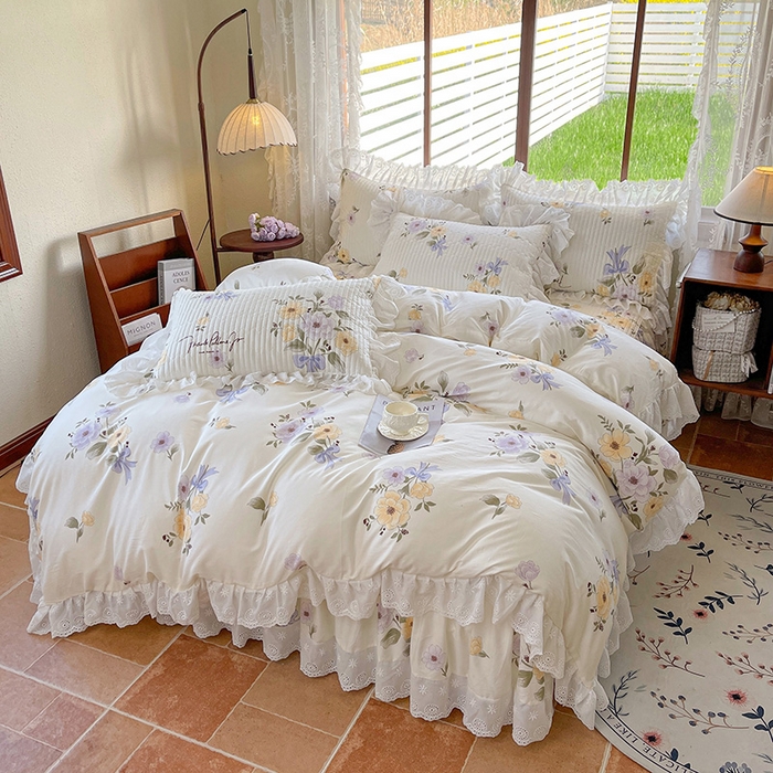 91家纺网 家纺一手货源 找家纺 罗艺轩 2025新款全棉印花床笠式花边床裙四件套 迷雾花漾