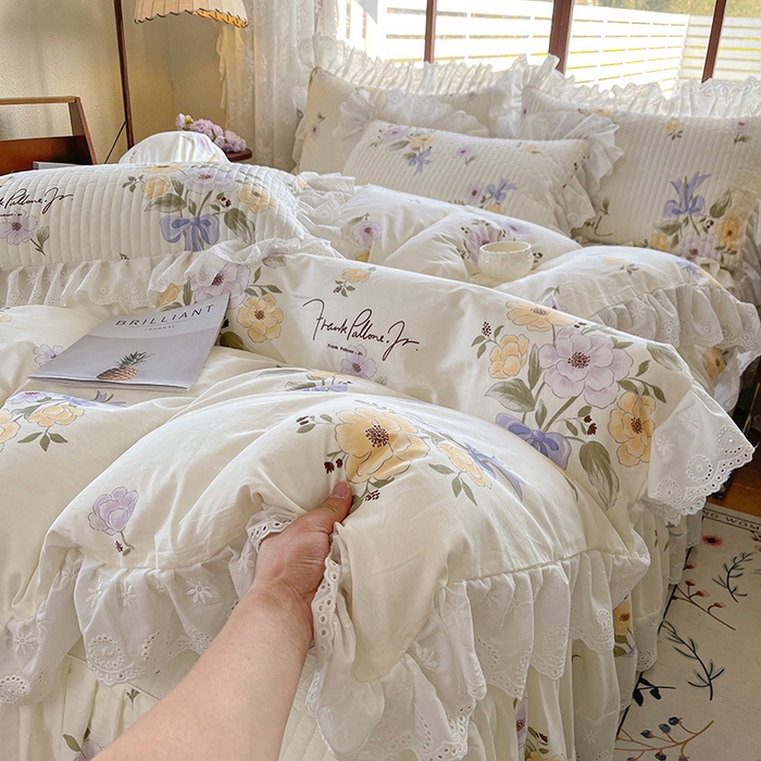 91家纺网 家纺一手货源 找家纺 罗艺轩 2025新款全棉印花床笠式花边床裙四件套 迷雾花漾