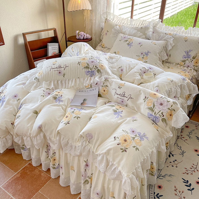 91家纺网 家纺一手货源 找家纺 罗艺轩 2025新款全棉印花床笠式花边床裙四件套 迷雾花漾