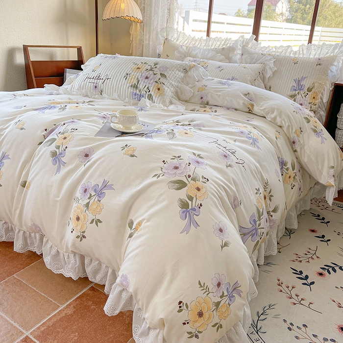 91家纺网 家纺一手货源 找家纺 罗艺轩 2025新款全棉印花床笠式花边床裙四件套 迷雾花漾