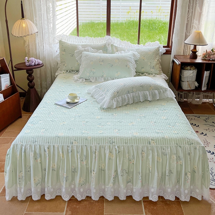 91家纺网 家纺一手货源 找家纺 罗艺轩 2025新款全棉印花床笠式花边床裙四件套 茉莉清雨